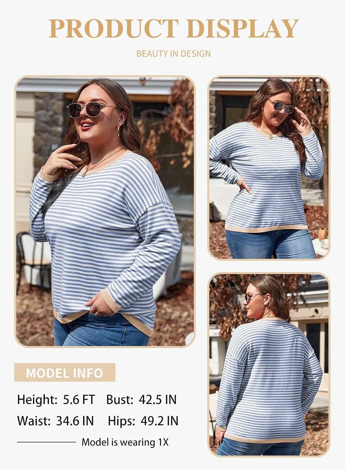 Eytino Plus Size Sweaters for Women Casual Striped Color Block Long Sleeve Round Neck Pullover Jumpers Tops(1X-5X)