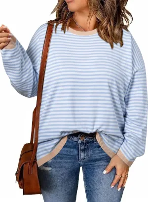 Eytino Plus Size Sweaters for Women Casual Striped Color Block Long Sleeve Round Neck Pullover Jumpers Tops(1X-5X)