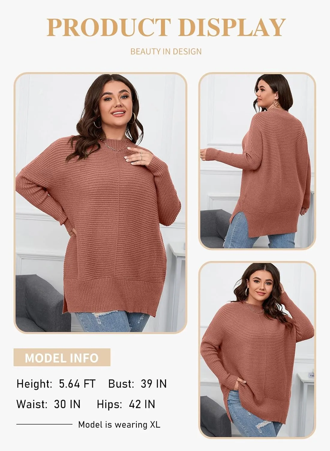 Eytino Womens Plus Size Sweaters Long Sleeve Crew Neck Split Hem Casual Oversized Ribbed Knit Tunic Pullover Tops(1X-5X)