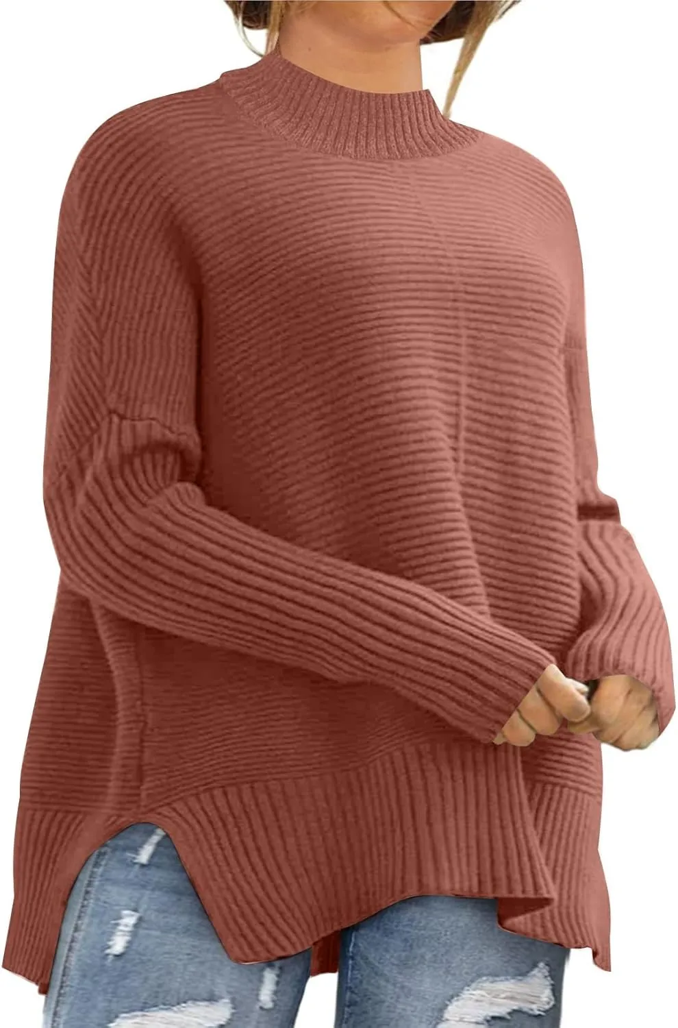 Eytino Womens Plus Size Sweaters Long Sleeve Crew Neck Split Hem Casual Oversized Ribbed Knit Tunic Pullover Tops(1X-5X)