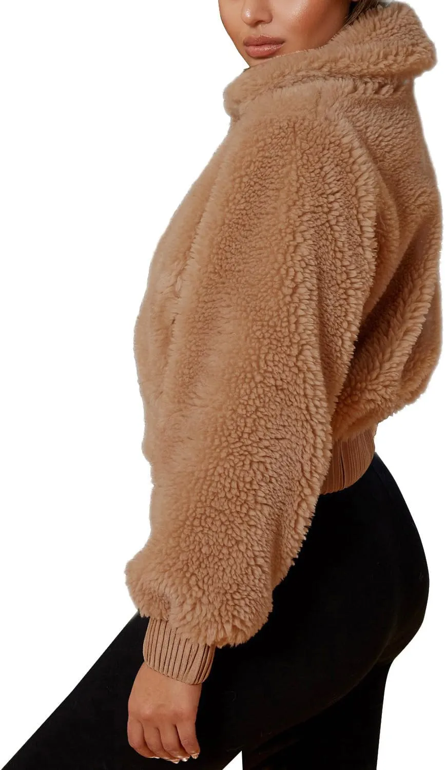 FANCYINN Womens Teddy Cropped Faux Fur Jacket Furry Lapel Coat Zip Up with Pockets Warm Winter