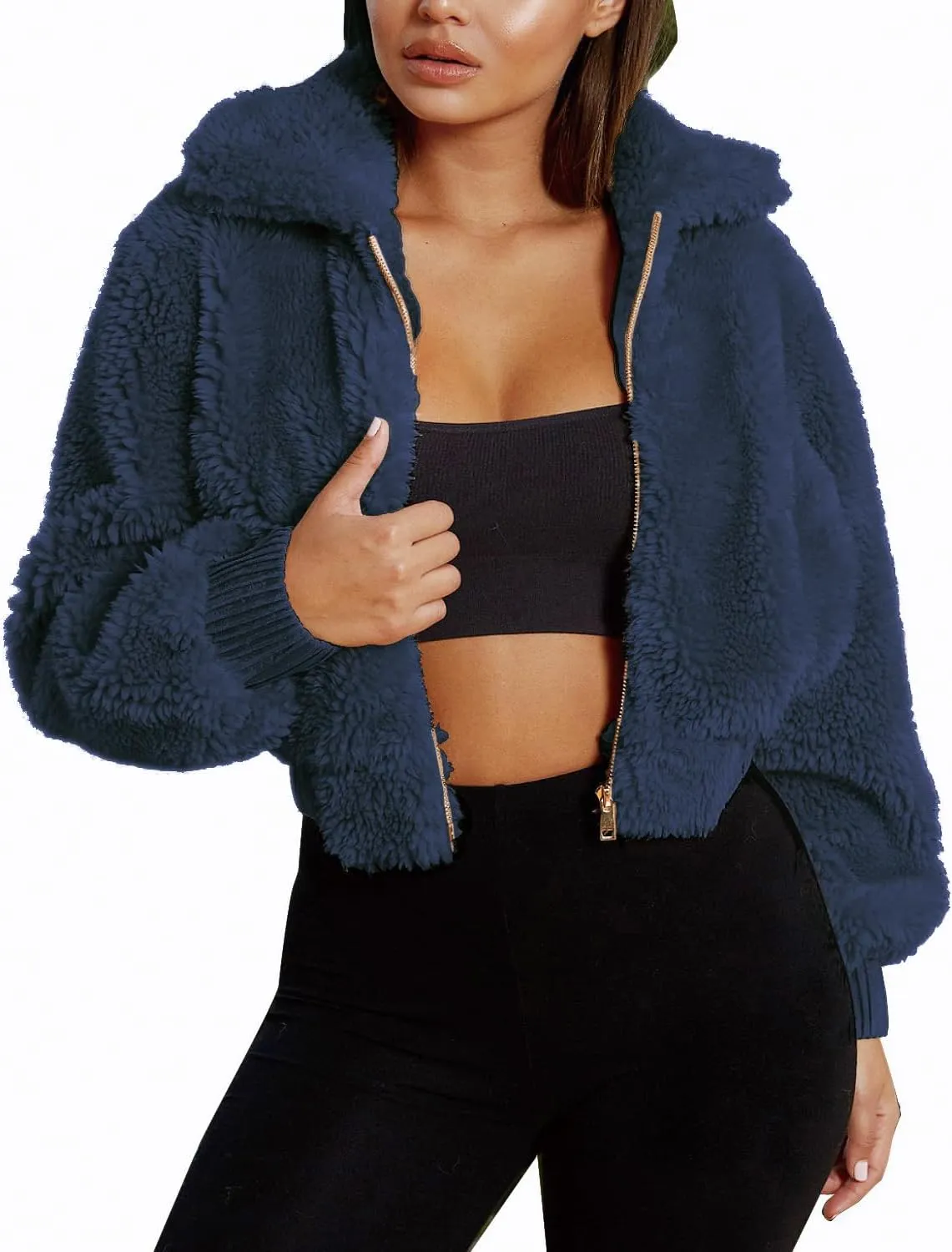 FANCYINN Womens Teddy Cropped Faux Fur Jacket Furry Lapel Coat Zip Up with Pockets Warm Winter