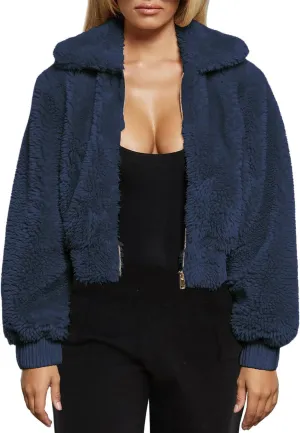 FANCYINN Womens Teddy Cropped Faux Fur Jacket Furry Lapel Coat Zip Up with Pockets Warm Winter
