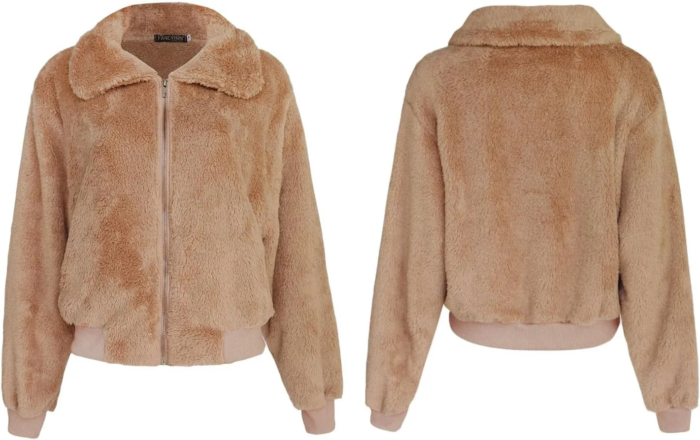 FANCYINN Womens Teddy Cropped Faux Fur Jacket Furry Lapel Coat Zip Up with Pockets Warm Winter