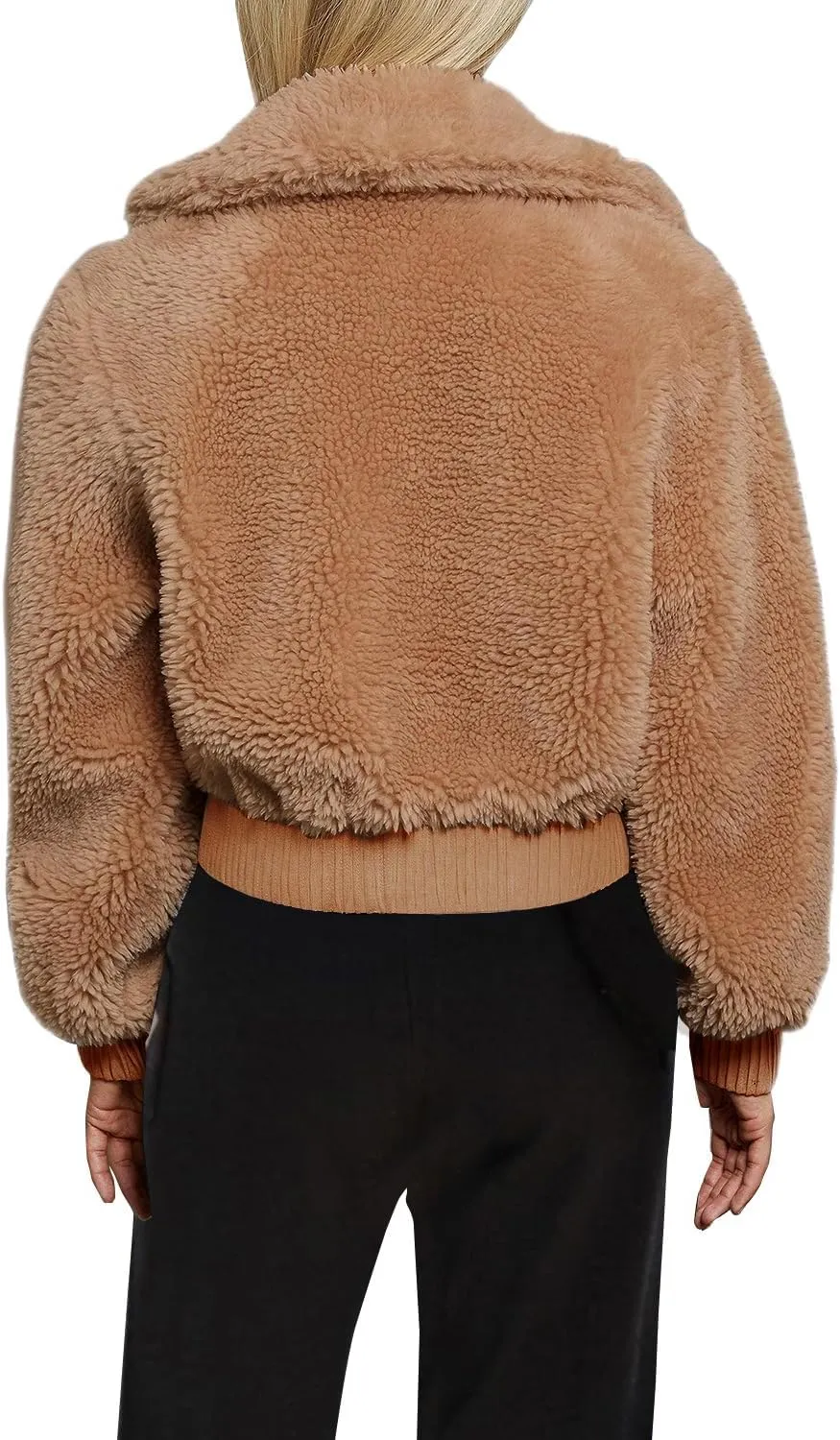 FANCYINN Womens Teddy Cropped Faux Fur Jacket Furry Lapel Coat Zip Up with Pockets Warm Winter