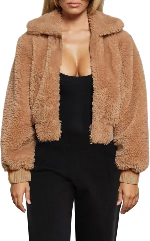 FANCYINN Womens Teddy Cropped Faux Fur Jacket Furry Lapel Coat Zip Up with Pockets Warm Winter