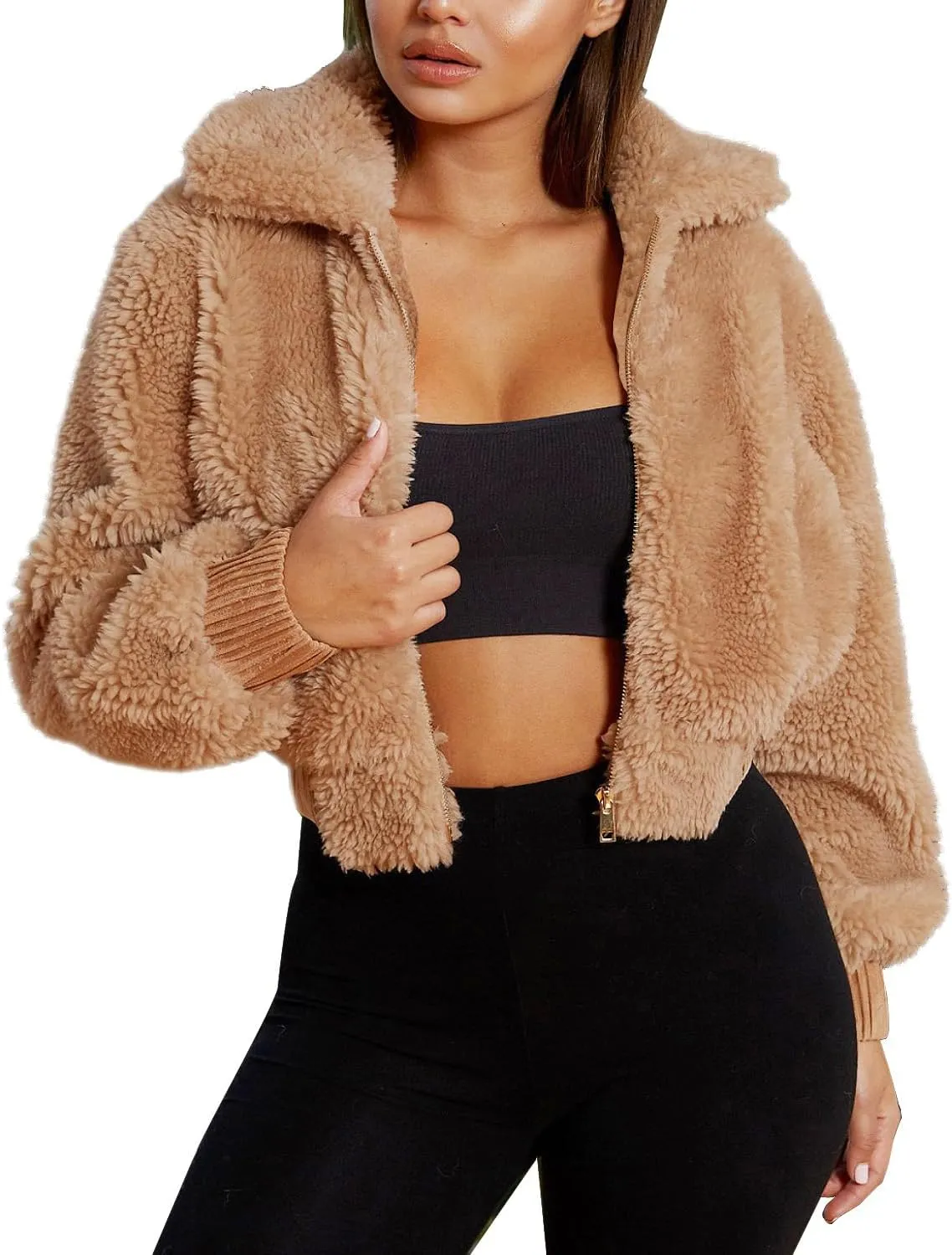 FANCYINN Womens Teddy Cropped Faux Fur Jacket Furry Lapel Coat Zip Up with Pockets Warm Winter