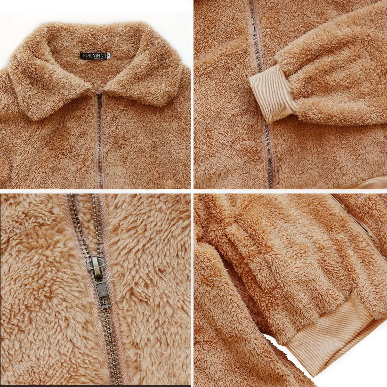 FANCYINN Womens Teddy Cropped Faux Fur Jacket Furry Lapel Coat Zip Up with Pockets Warm Winter