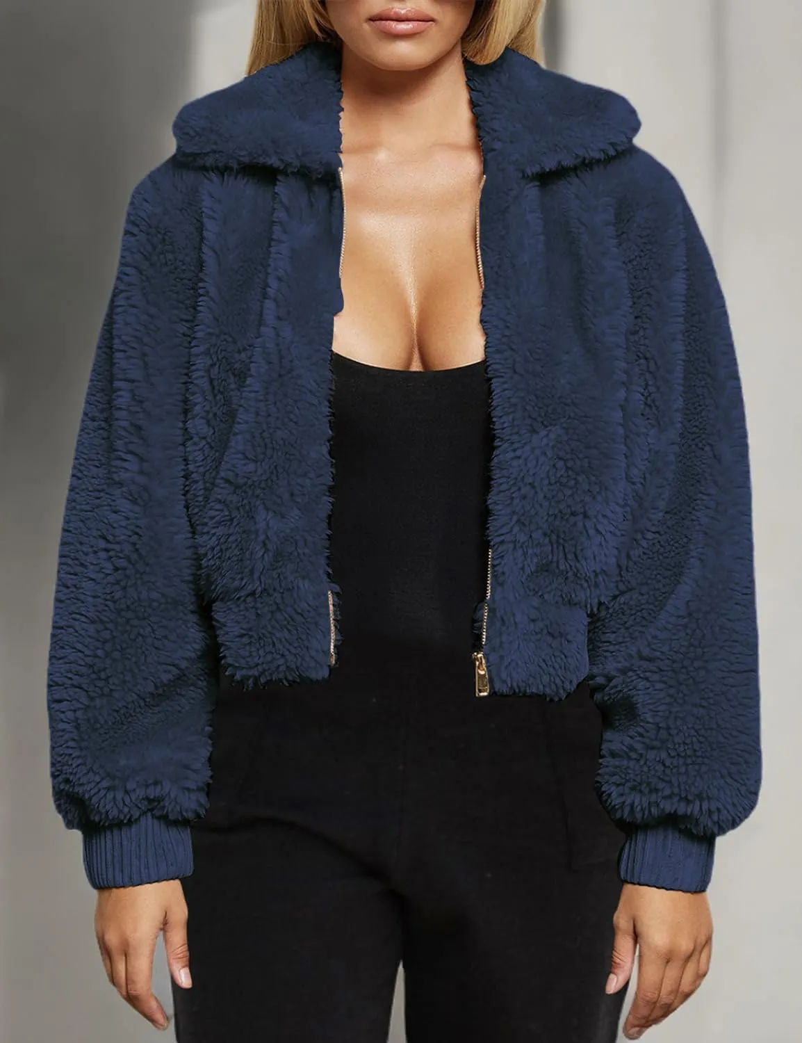 FANCYINN Womens Teddy Cropped Faux Fur Jacket Furry Lapel Coat Zip Up with Pockets Warm Winter