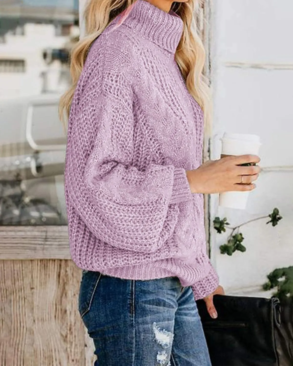 Fashionme Chic Ballon Sleeve Winter Turtleneck Chunky Sweater Slouchy Oversized Loose Pullover Outerwear Warm Thick