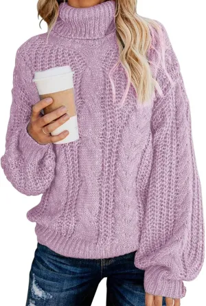 Fashionme Chic Ballon Sleeve Winter Turtleneck Chunky Sweater Slouchy Oversized Loose Pullover Outerwear Warm Thick