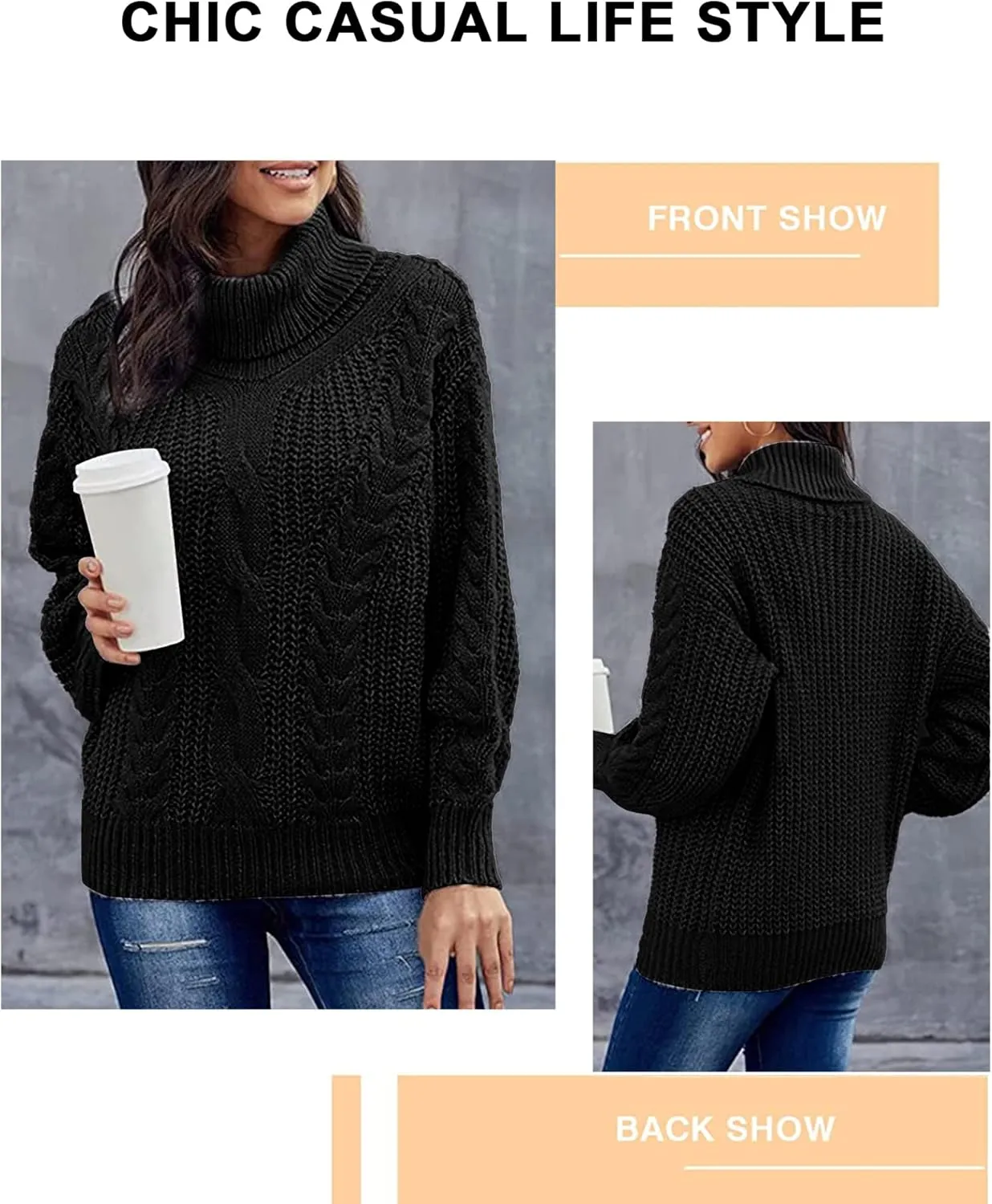 Fashionme Chic Ballon Sleeve Winter Turtleneck Chunky Sweater Slouchy Oversized Loose Pullover Outerwear Warm Thick