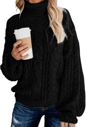 Fashionme Chic Ballon Sleeve Winter Turtleneck Chunky Sweater Slouchy Oversized Loose Pullover Outerwear Warm Thick