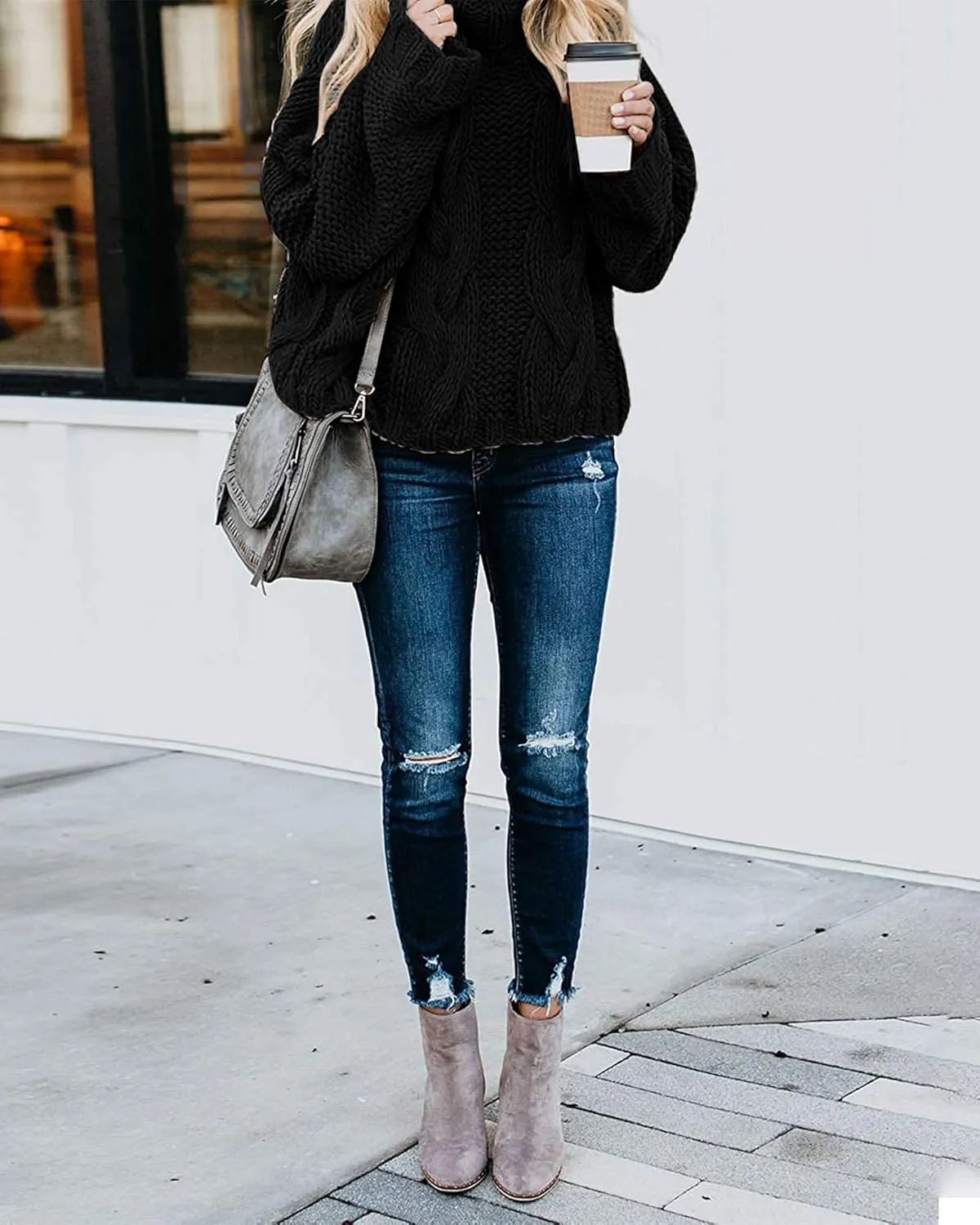 Fashionme Chic Ballon Sleeve Winter Turtleneck Chunky Sweater Slouchy Oversized Loose Pullover Outerwear Warm Thick