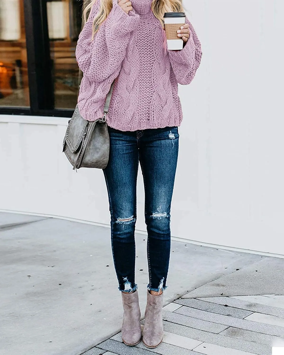 Fashionme Chic Ballon Sleeve Winter Turtleneck Chunky Sweater Slouchy Oversized Loose Pullover Outerwear Warm Thick