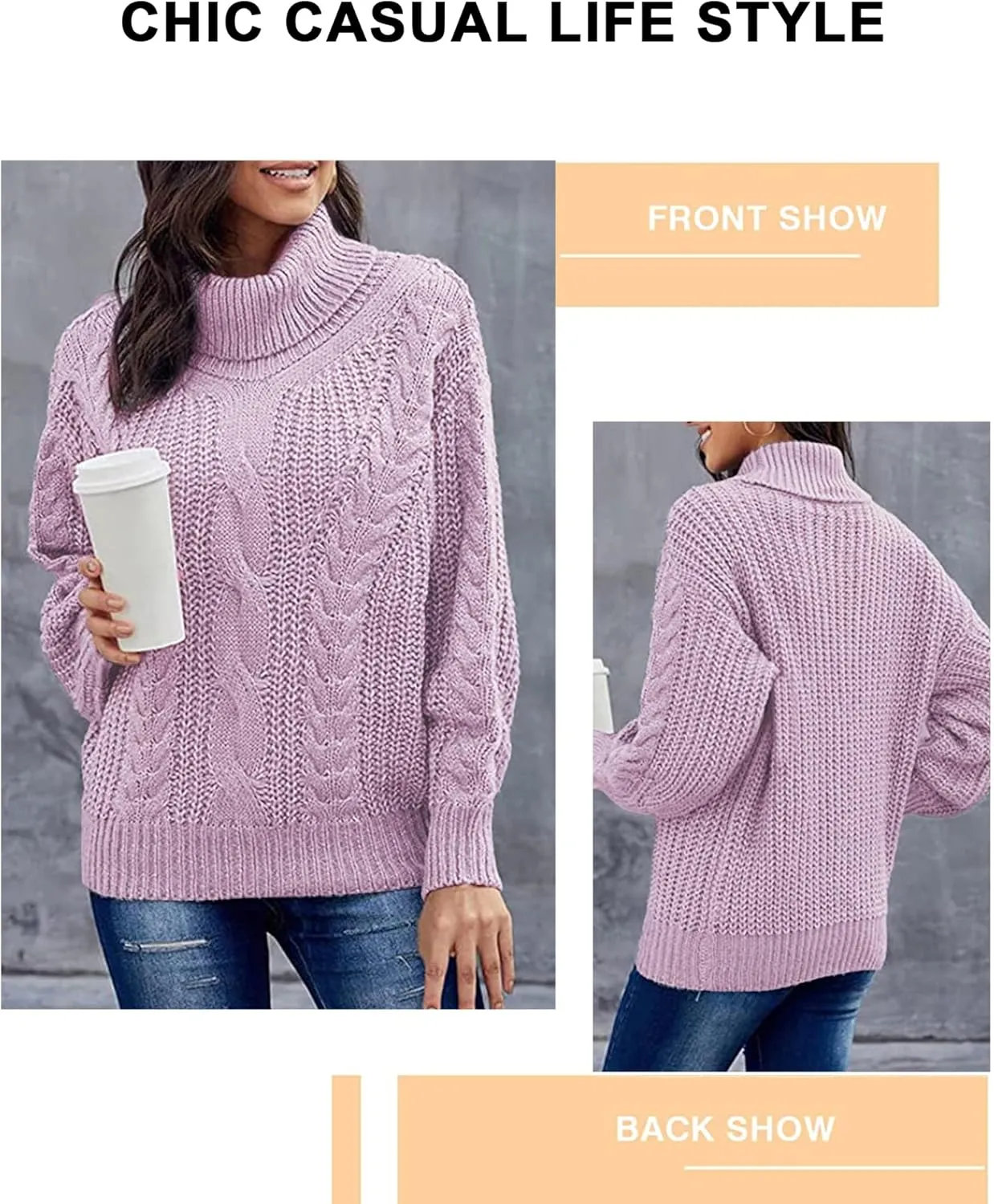 Fashionme Chic Ballon Sleeve Winter Turtleneck Chunky Sweater Slouchy Oversized Loose Pullover Outerwear Warm Thick