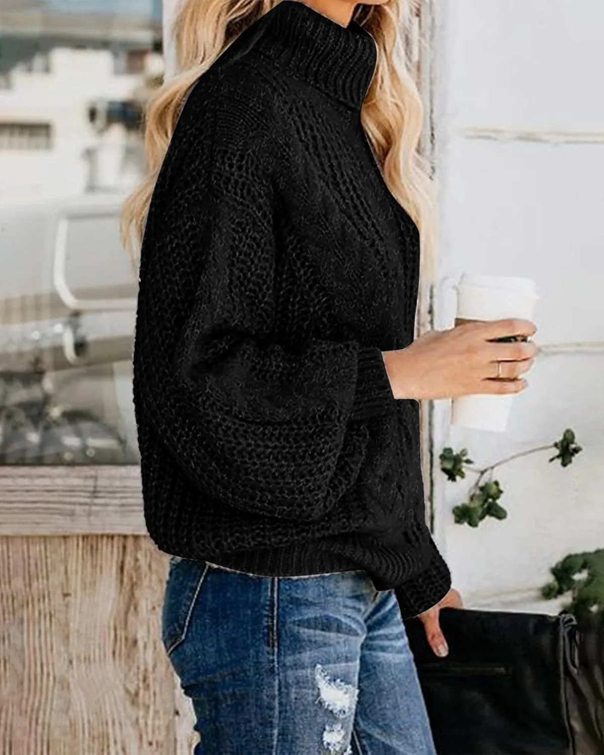 Fashionme Chic Ballon Sleeve Winter Turtleneck Chunky Sweater Slouchy Oversized Loose Pullover Outerwear Warm Thick