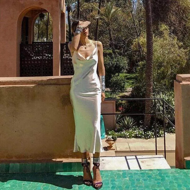 FashionSierra - Elegant Women Summer Boho Long Maxi Sling Satin Slip Dress