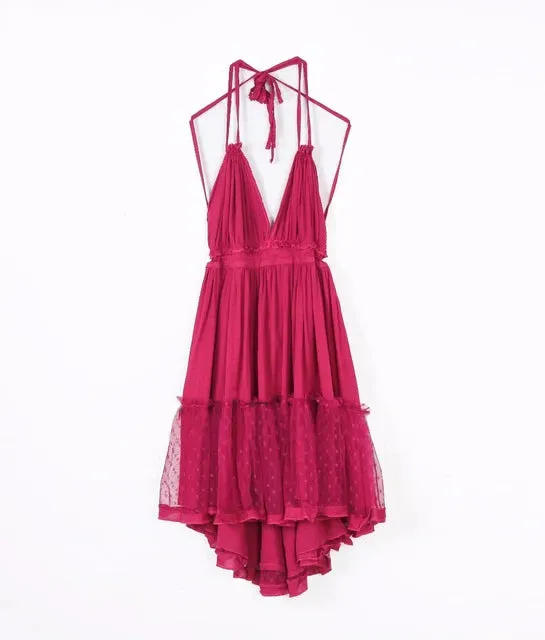 FashionSierra-Sexy  Deep V Neck  Sleeveless  Backless  Mini  Women  Summer  Beach  Lace  Vestidos  2024  Boho Dress
