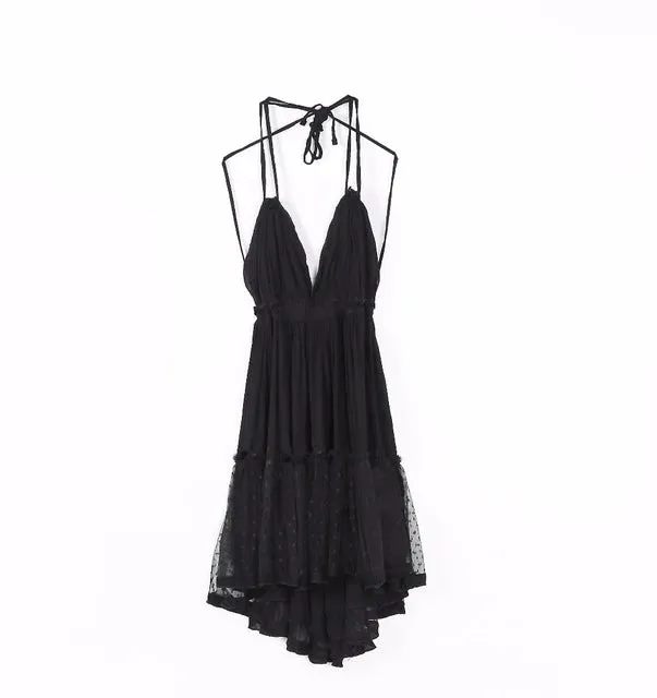 FashionSierra-Sexy  Deep V Neck  Sleeveless  Backless  Mini  Women  Summer  Beach  Lace  Vestidos  2024  Boho Dress
