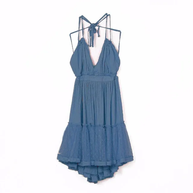 FashionSierra-Sexy  Deep V Neck  Sleeveless  Backless  Mini  Women  Summer  Beach  Lace  Vestidos  2024  Boho Dress