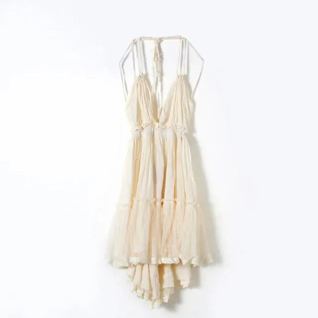 FashionSierra-Sexy  Deep V Neck  Sleeveless  Backless  Mini  Women  Summer  Beach  Lace  Vestidos  2024  Boho Dress