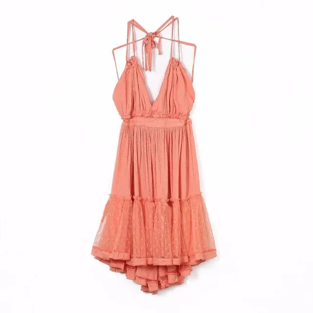 FashionSierra-Sexy  Deep V Neck  Sleeveless  Backless  Mini  Women  Summer  Beach  Lace  Vestidos  2024  Boho Dress