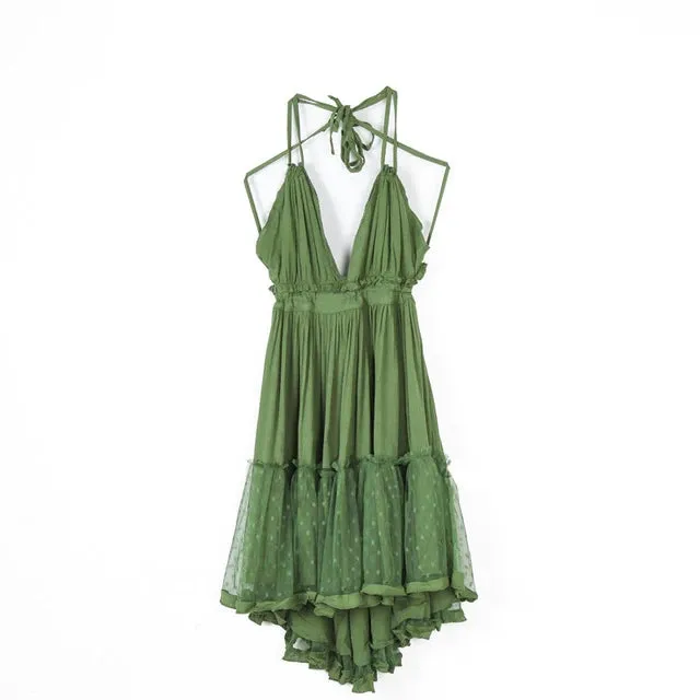 FashionSierra-Sexy  Deep V Neck  Sleeveless  Backless  Mini  Women  Summer  Beach  Lace  Vestidos  2024  Boho Dress