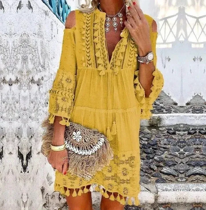 FashionSierra-Vintage  Long Sleeve  Mini  Women  Beach Wear  Deep V  Tassel  Summer  2024  Floral Embroidery  Lace  Vestidos Boho Dress