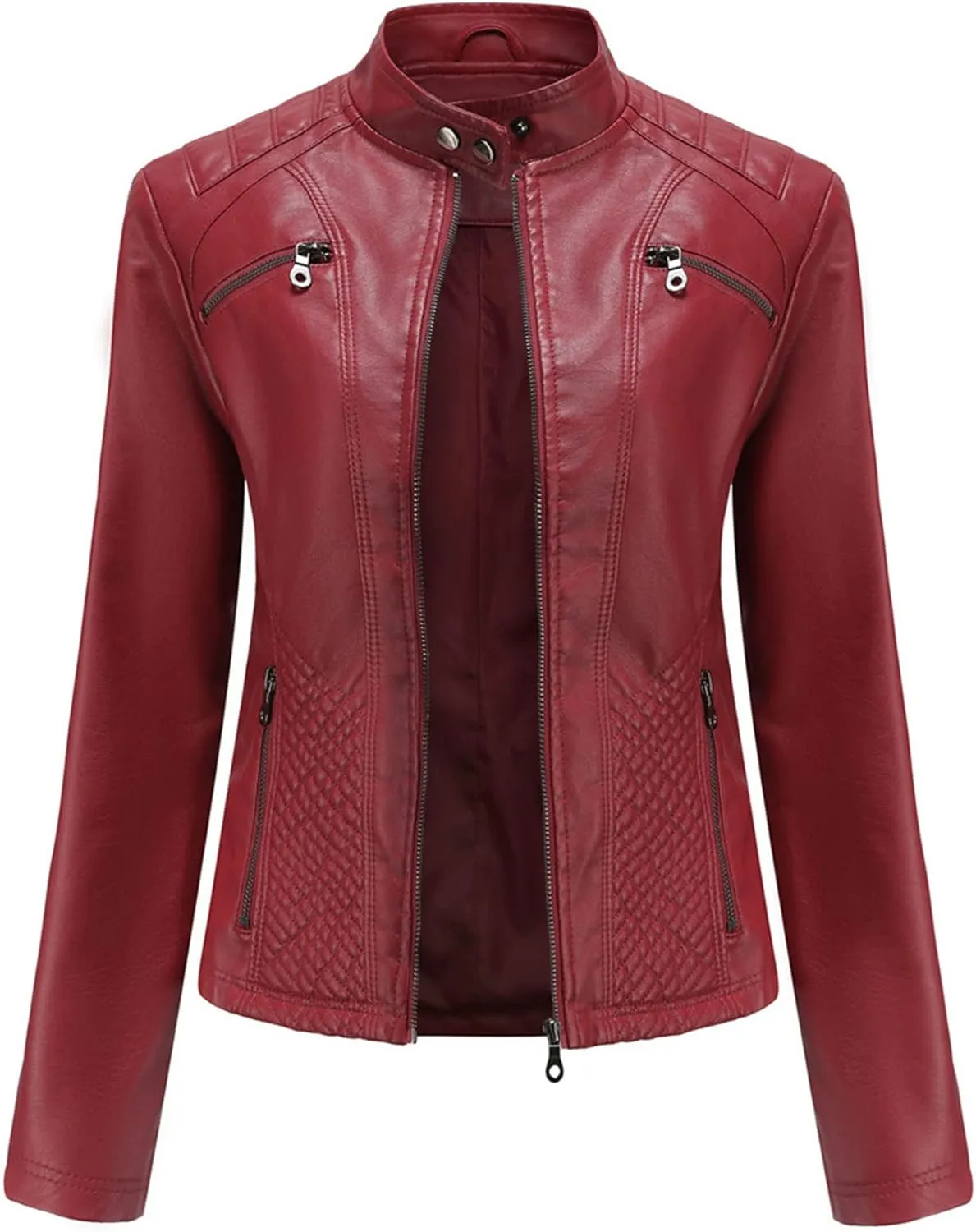 Faux Leather Jacket for Women, Stand Collar Biker Outerwear Jacket with Zipper Pockets