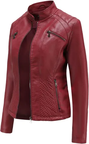 Faux Leather Jacket for Women, Stand Collar Biker Outerwear Jacket with Zipper Pockets