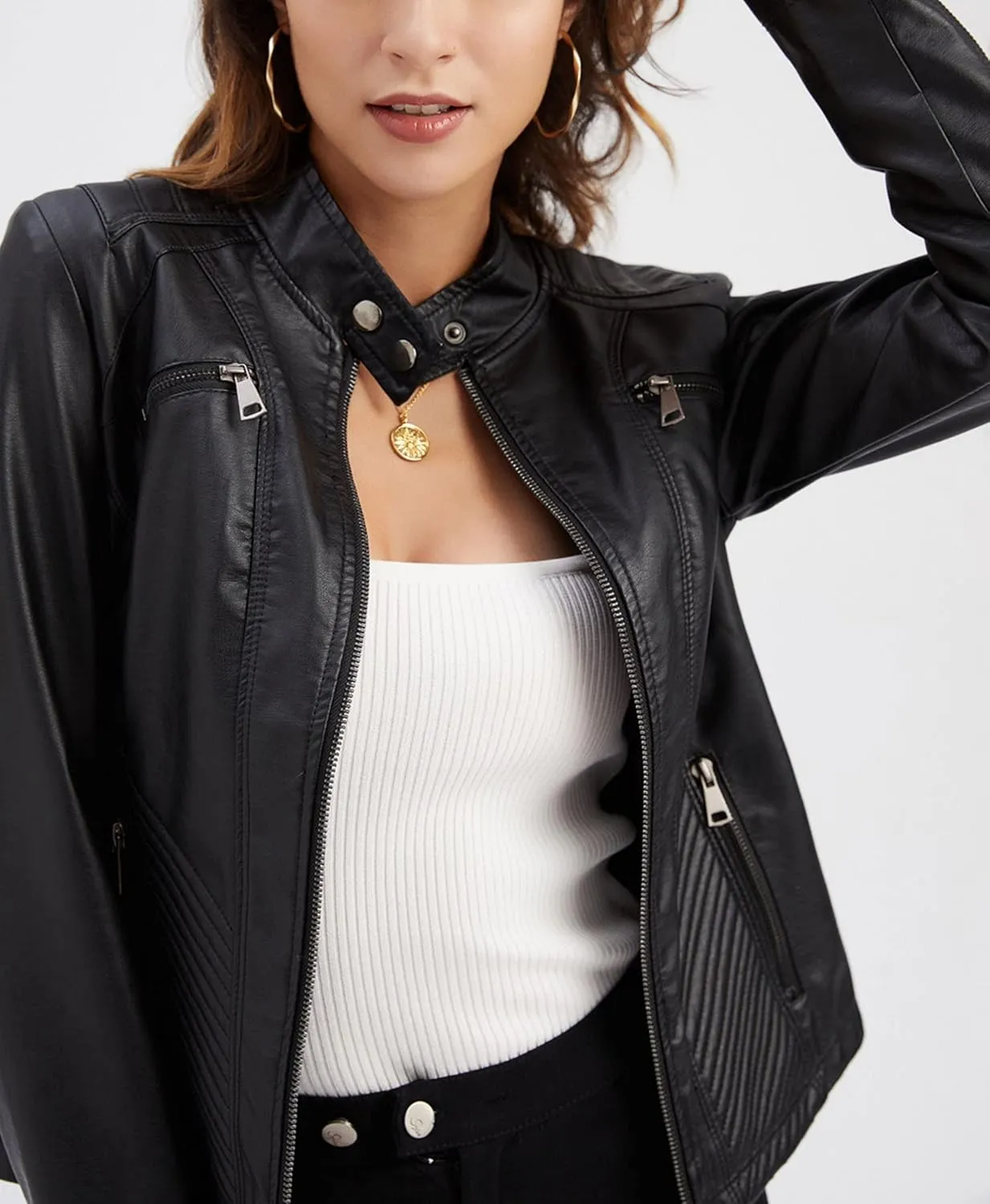 Faux Leather Jacket for Women, Stand Collar Biker Outerwear Jacket with Zipper Pockets