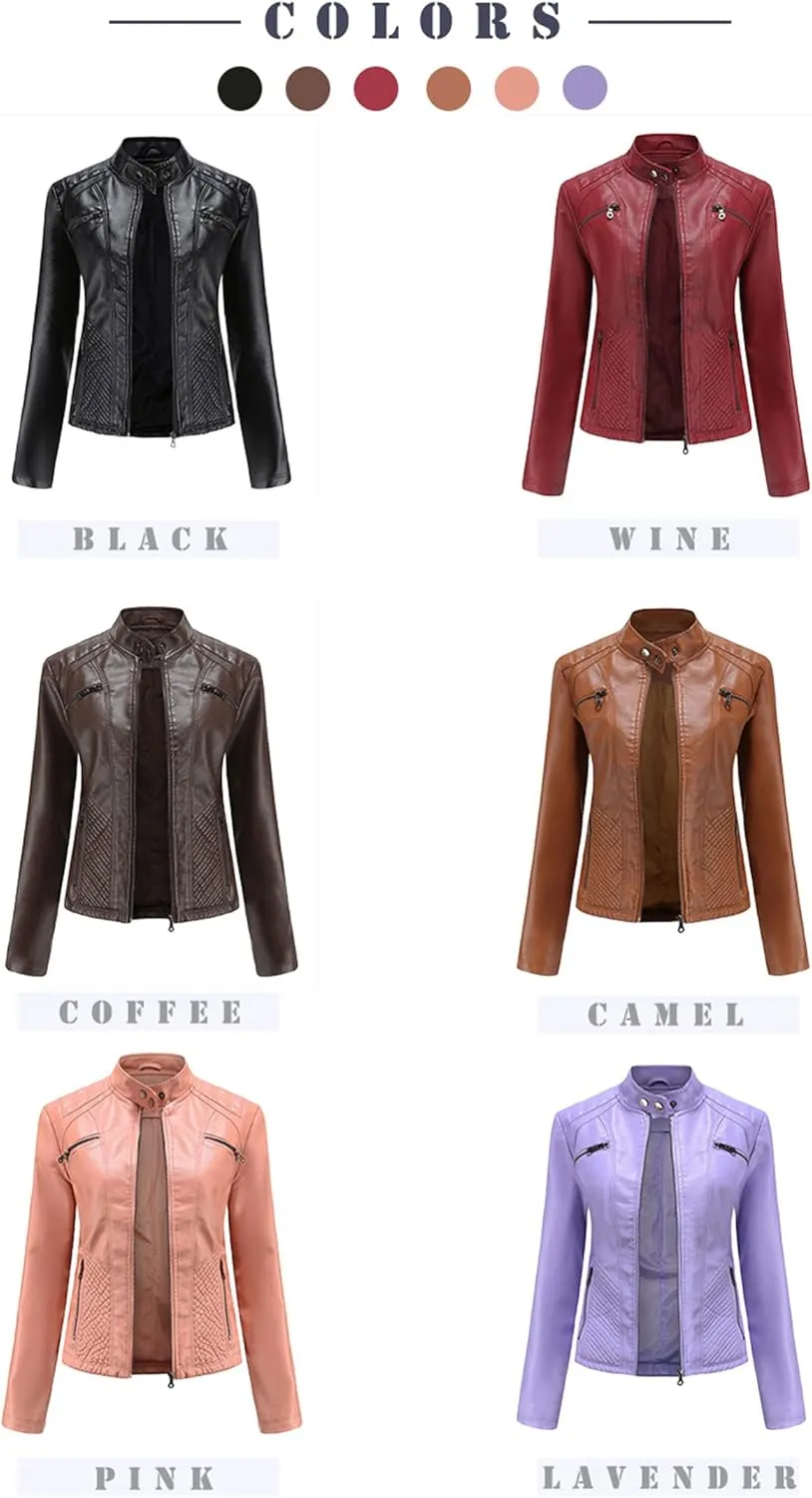 Faux Leather Jacket for Women, Stand Collar Biker Outerwear Jacket with Zipper Pockets