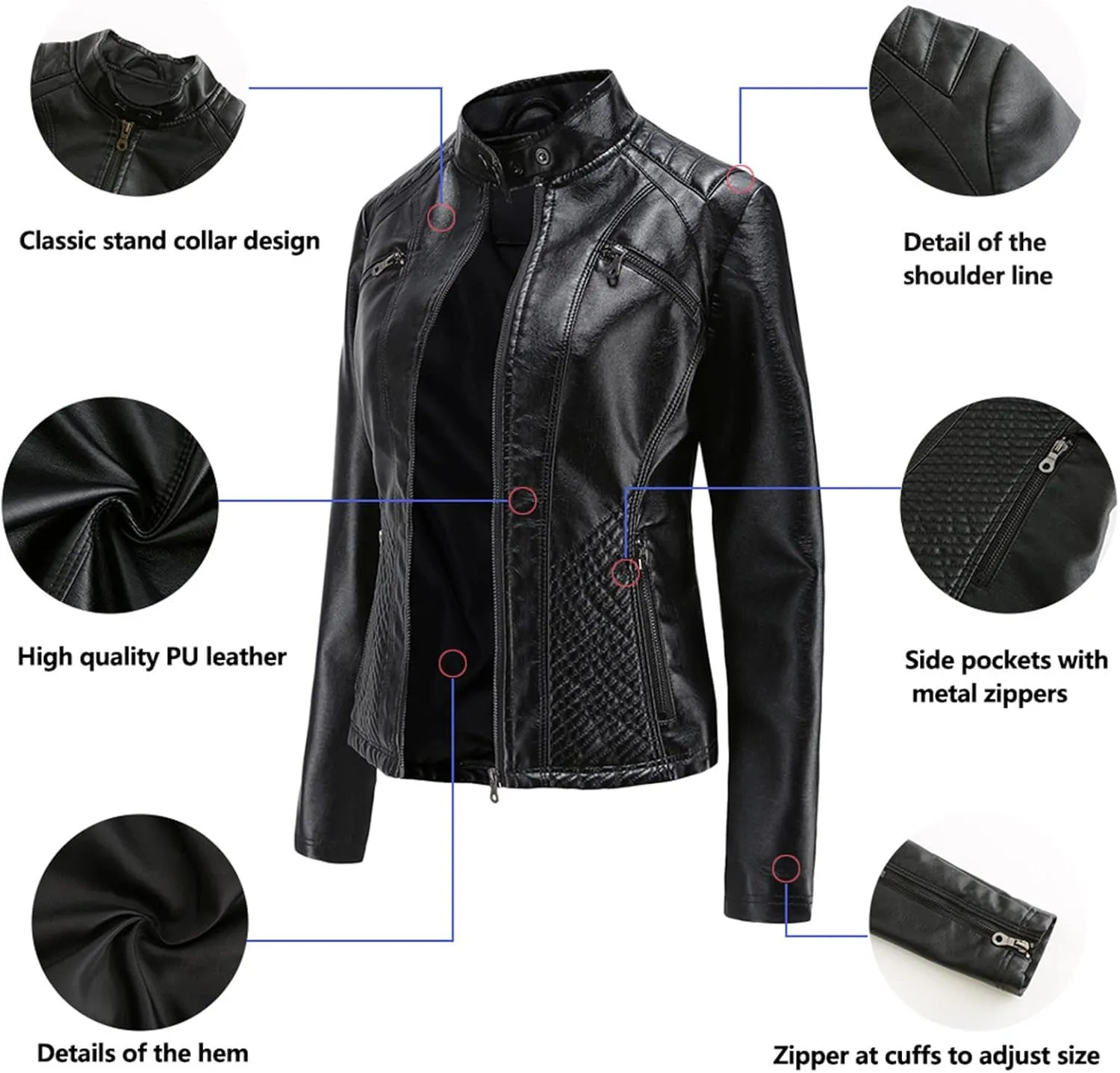 Faux Leather Jacket for Women, Stand Collar Biker Outerwear Jacket with Zipper Pockets
