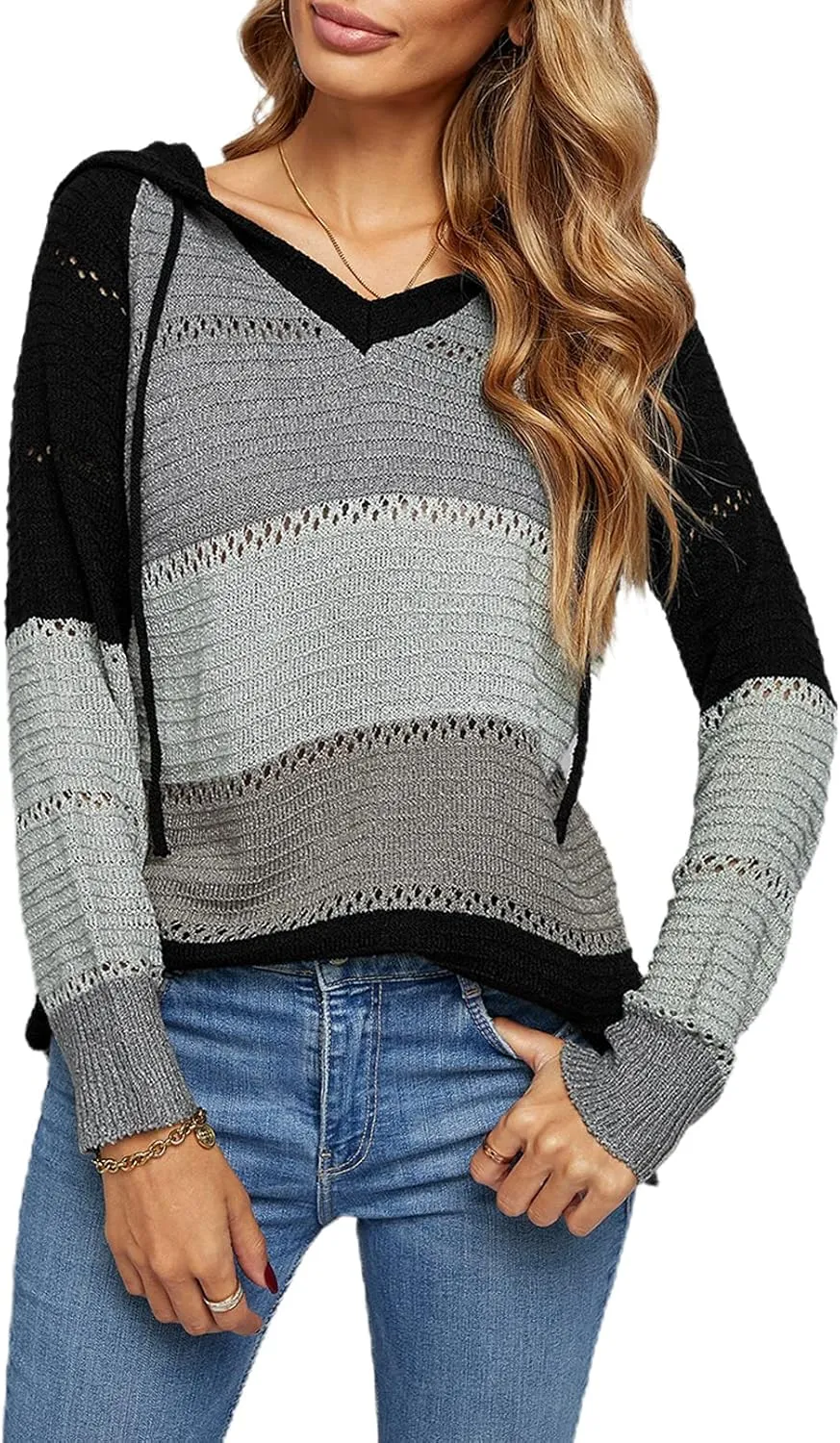 FEKOAFE Women's 2025 Fall Striped Color Block Hoodies Fashion V Neck Knit Sweater Pullovers
