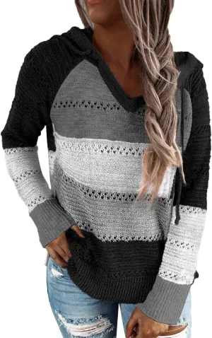 FEKOAFE Women's 2025 Fall Striped Color Block Hoodies Fashion V Neck Knit Sweater Pullovers