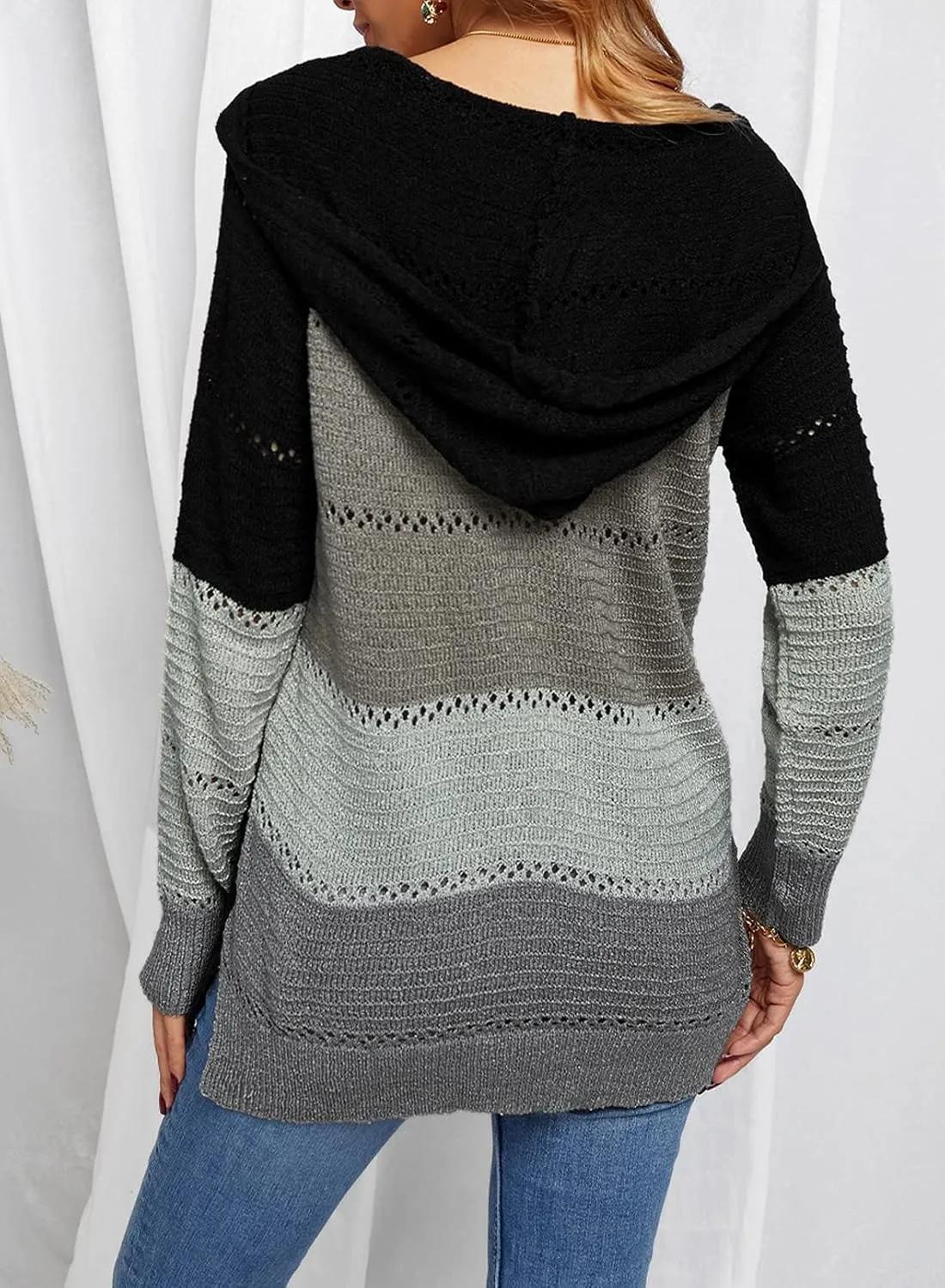 FEKOAFE Women's 2025 Fall Striped Color Block Hoodies Fashion V Neck Knit Sweater Pullovers