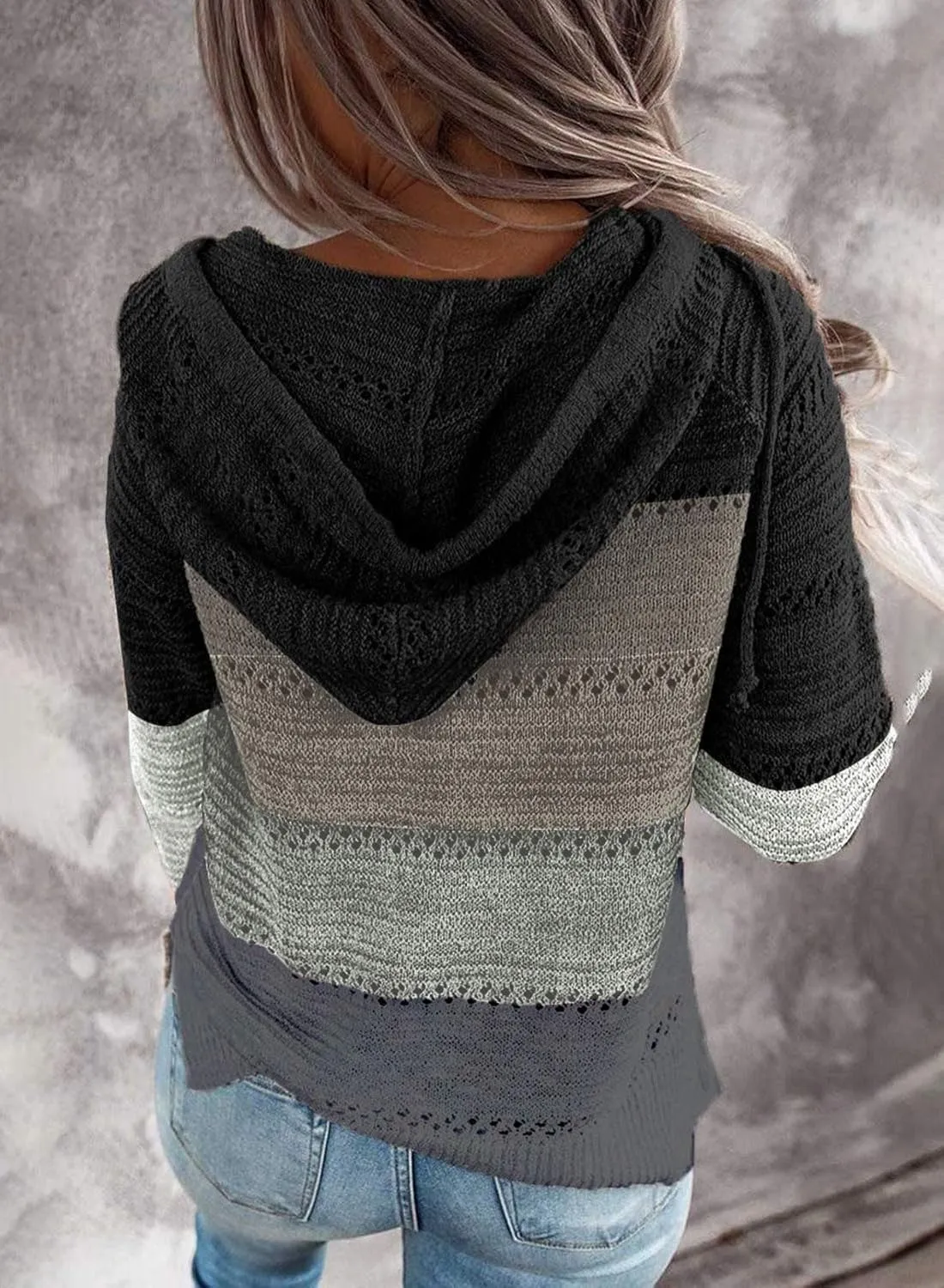 FEKOAFE Women's 2025 Fall Striped Color Block Hoodies Fashion V Neck Knit Sweater Pullovers
