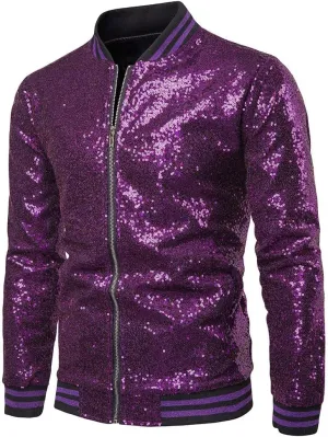 FEORJGP Mens Sequins Jakcet Zip Up Varsity Baseball Bomber Jacket Shinny Lightweight Coat Clubwear Bomber Jacket for Stage