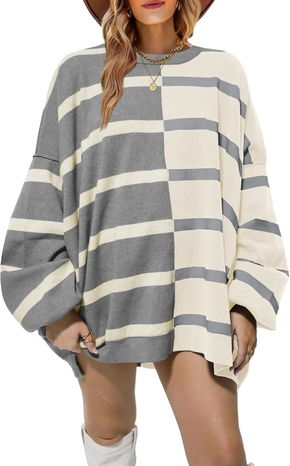 Fisoew Womens Striped Pullover Sweater Crew Neck Long Sleeve Knitted Color Block Casual Loose Lightweight Sweaters for Women