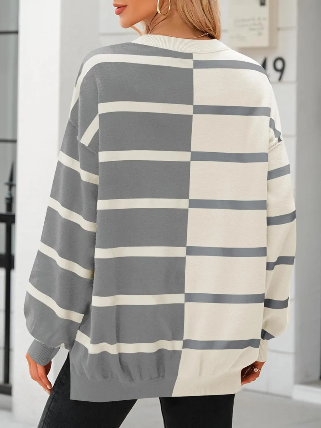 Fisoew Womens Striped Pullover Sweater Crew Neck Long Sleeve Knitted Color Block Casual Loose Lightweight Sweaters for Women