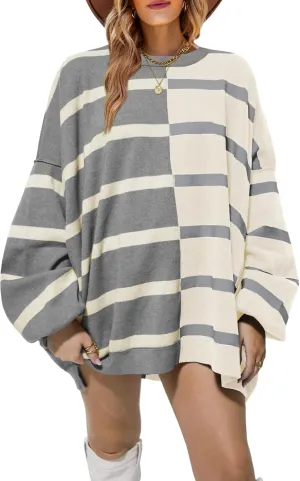 Fisoew Womens Striped Pullover Sweater Crew Neck Long Sleeve Knitted Color Block Casual Loose Lightweight Sweaters for Women