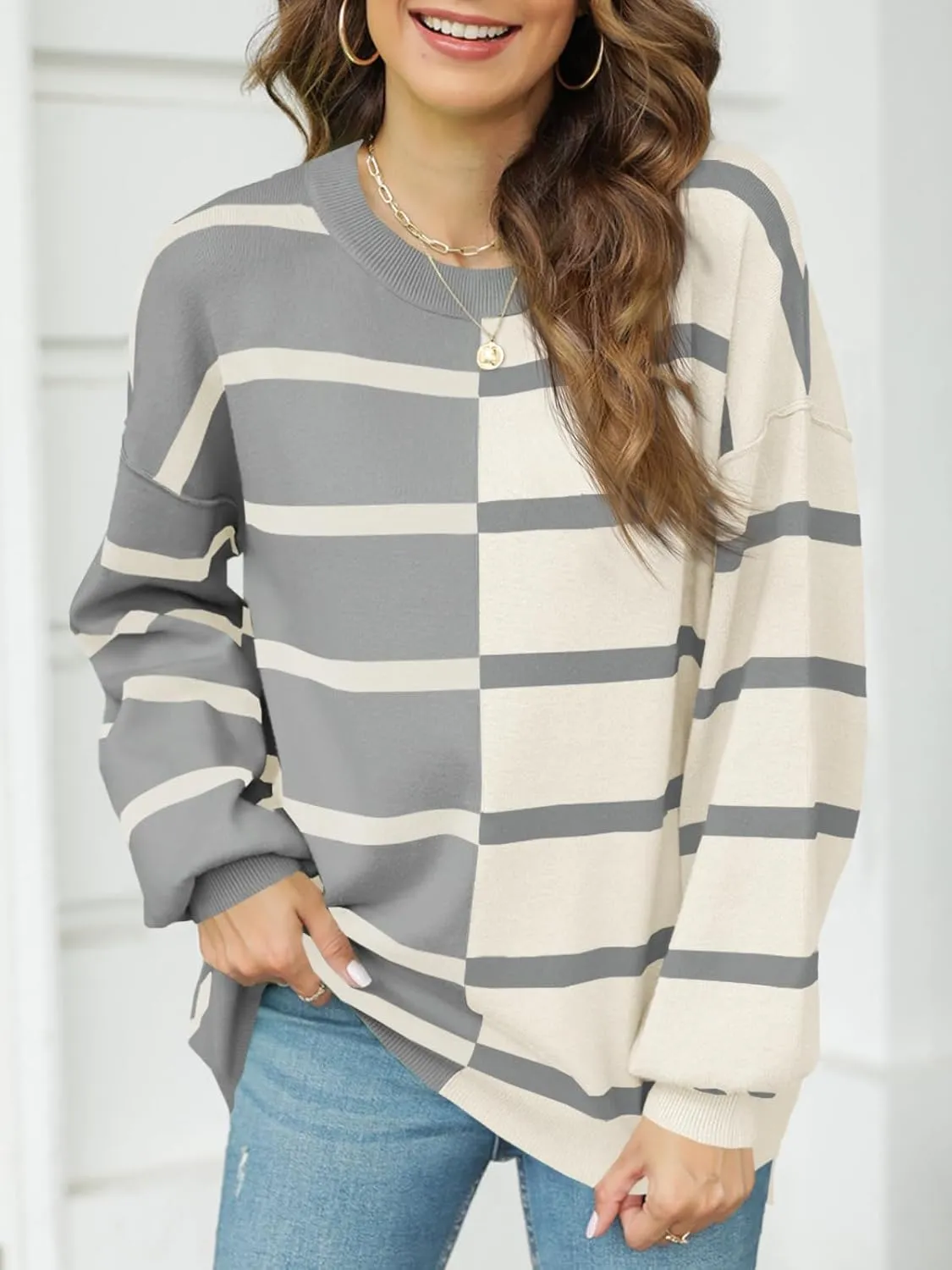 Fisoew Womens Striped Pullover Sweater Crew Neck Long Sleeve Knitted Color Block Casual Loose Lightweight Sweaters for Women