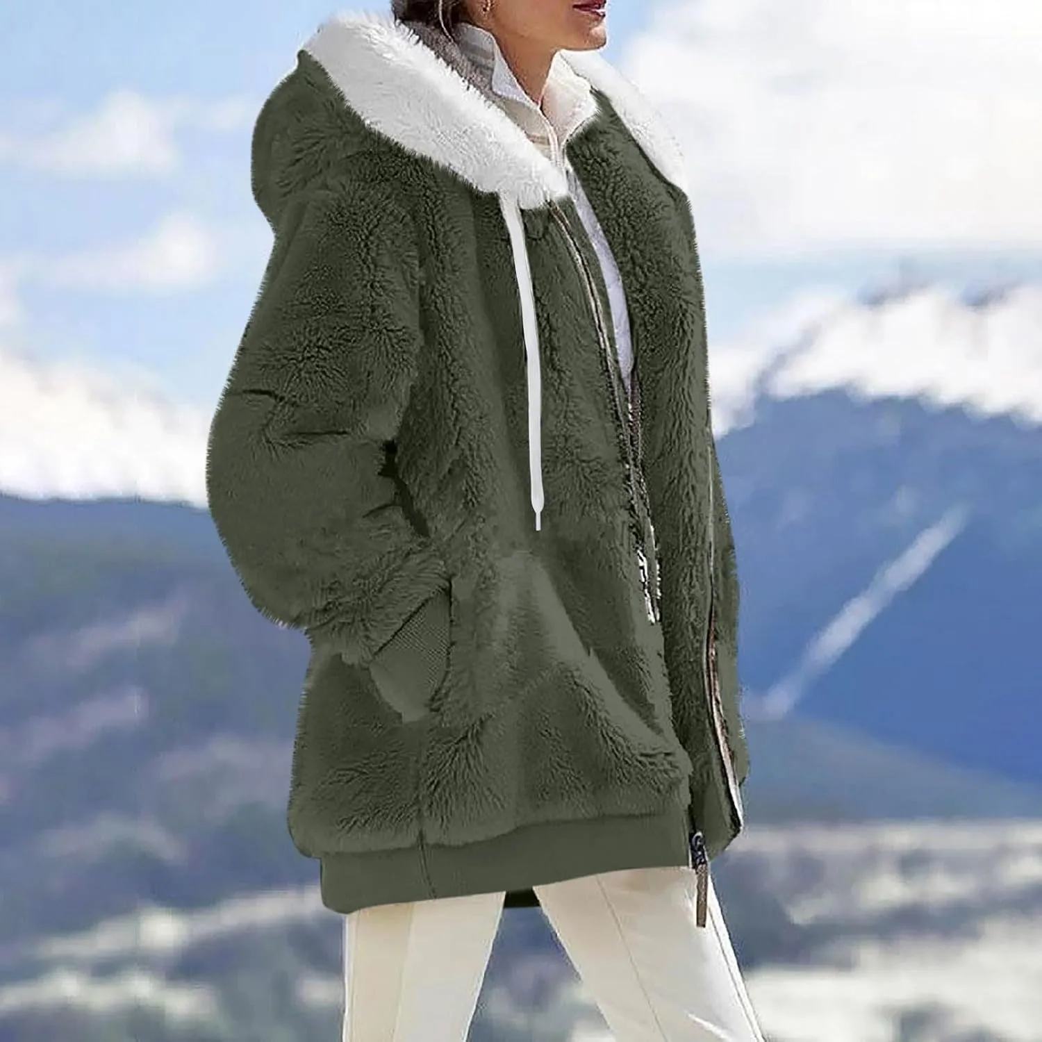 Fleece Jackets for Women 2024 Winter Sherpa Lined Full Zip Hooded Jacket Plus Size Fuzzy Coats with Pockets S-5XL