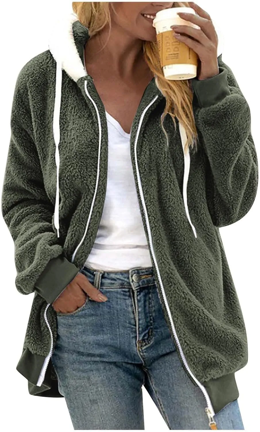 Fleece Jackets for Women 2024 Winter Sherpa Lined Full Zip Hooded Jacket Plus Size Fuzzy Coats with Pockets S-5XL
