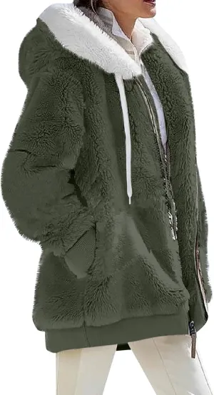 Fleece Jackets for Women 2024 Winter Sherpa Lined Full Zip Hooded Jacket Plus Size Fuzzy Coats with Pockets S-5XL