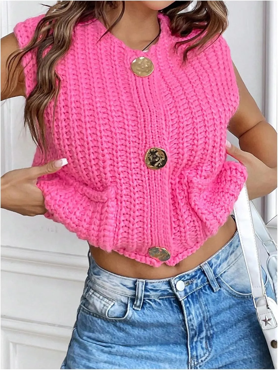 Floerns Women's Chunky Knit Sweater Vest Button Front Sleeveless Pullover Top