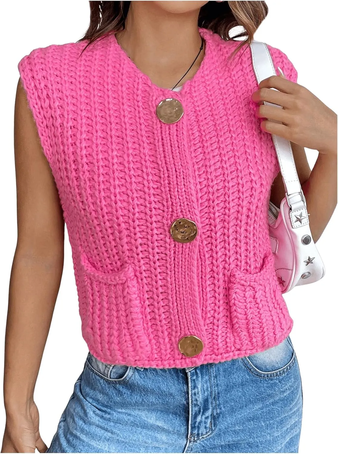 Floerns Women's Chunky Knit Sweater Vest Button Front Sleeveless Pullover Top