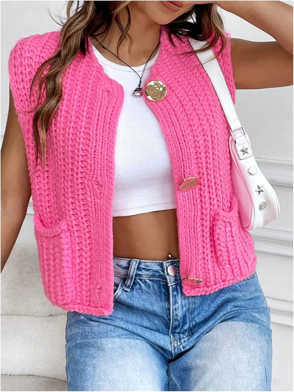 Floerns Women's Chunky Knit Sweater Vest Button Front Sleeveless Pullover Top