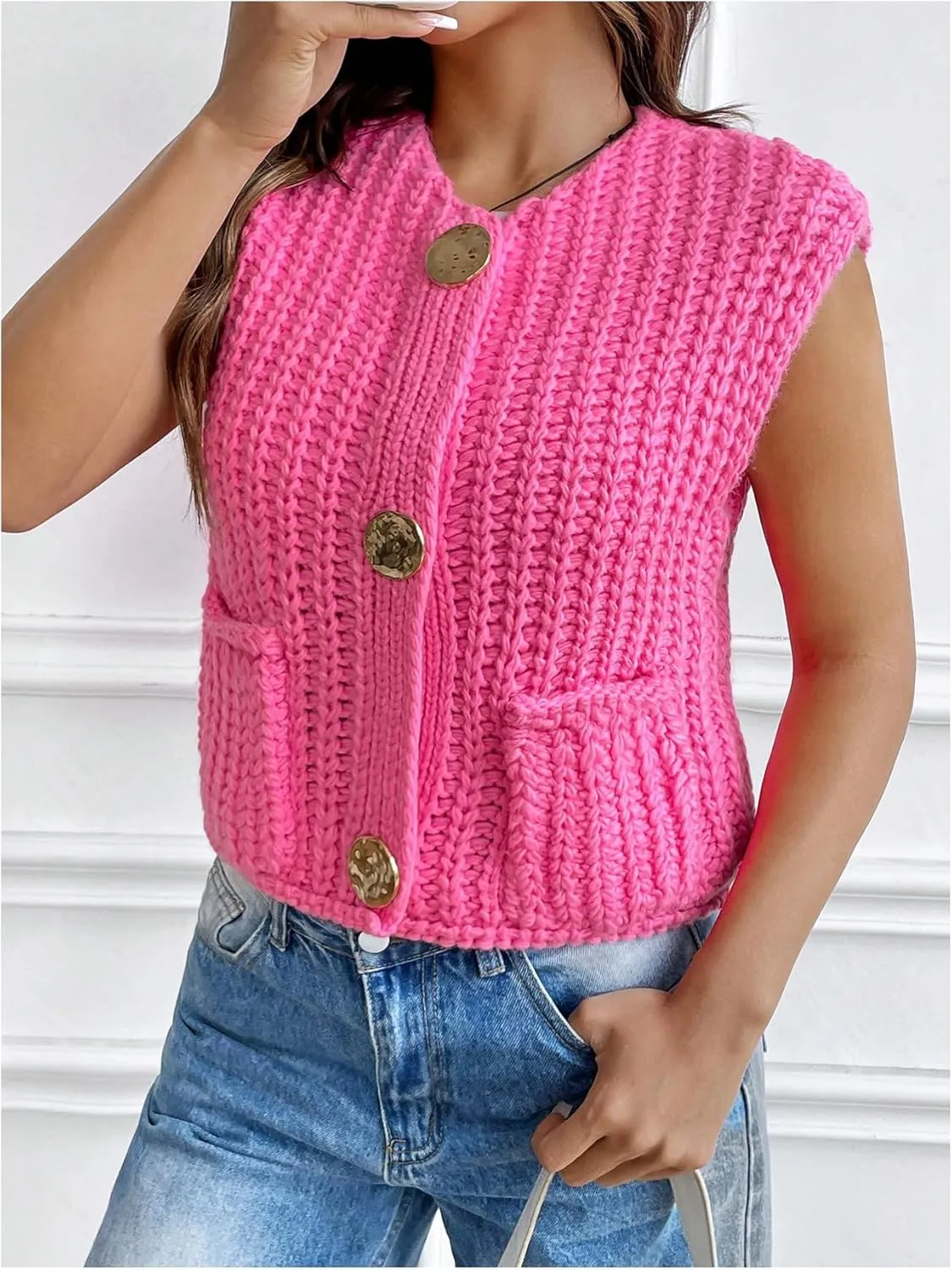 Floerns Women's Chunky Knit Sweater Vest Button Front Sleeveless Pullover Top